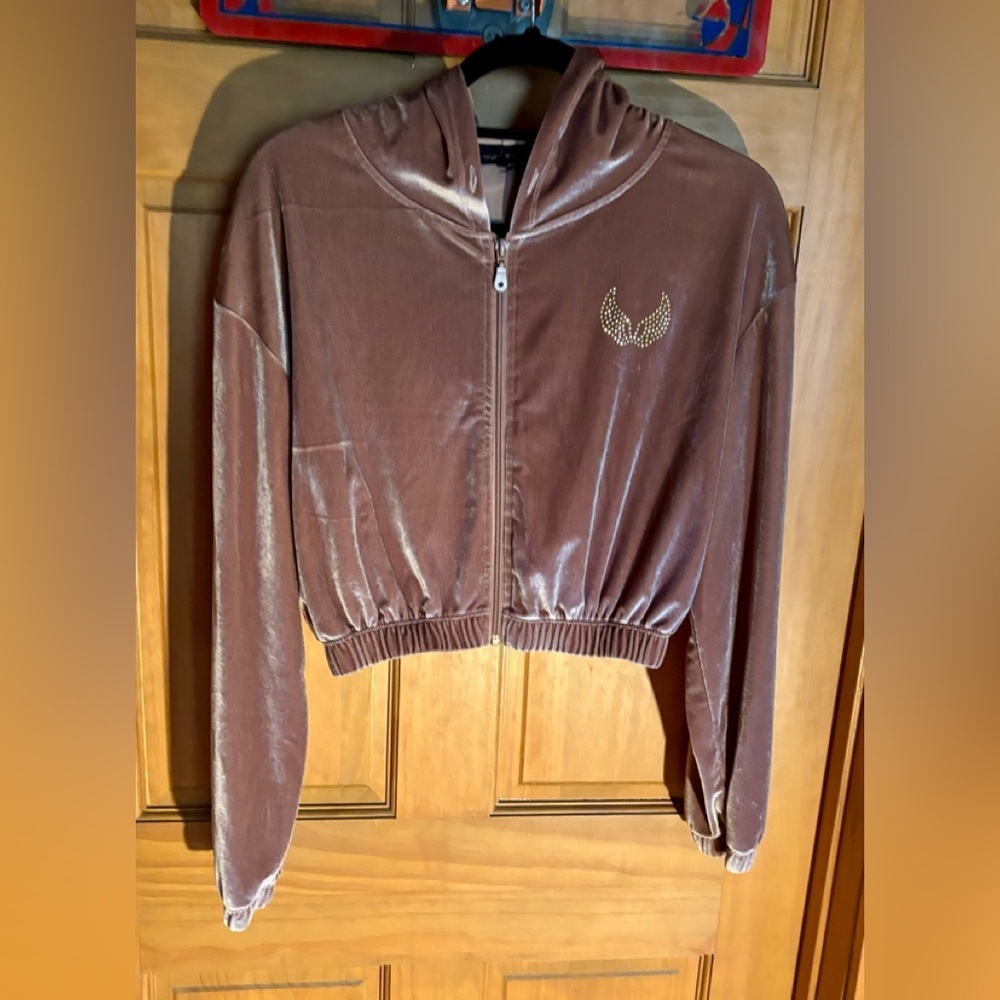 ⭐️Social Scene Y2K Junior Velour Studded Angel Wings Cropped Hoodie Zip Jacket⭐️